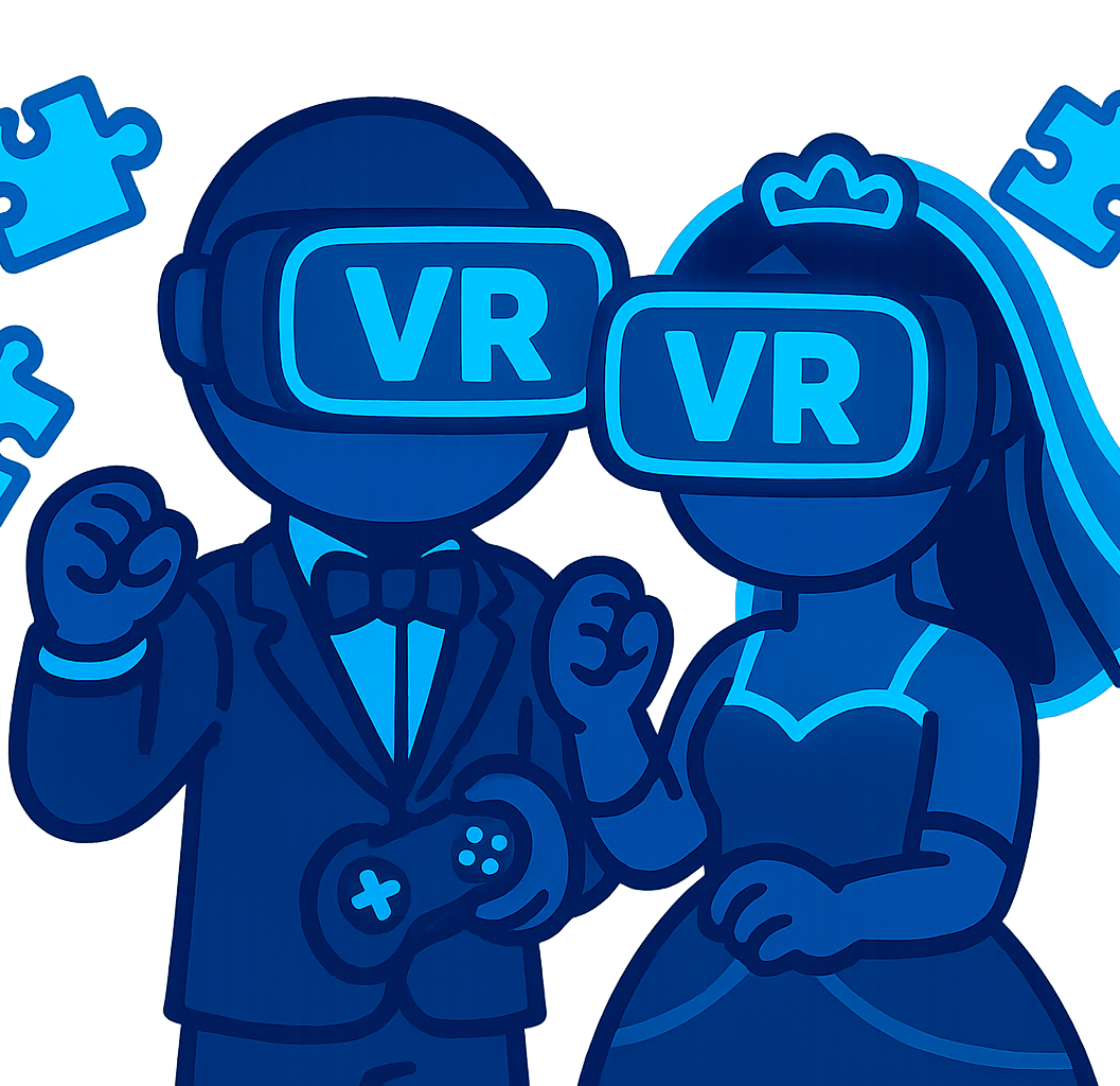 Pareja divertida con VR en casamiento